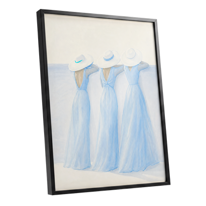 Three in Summer Blue, blue, white, beige minimalist wall art shown as a black framed poster wall art print