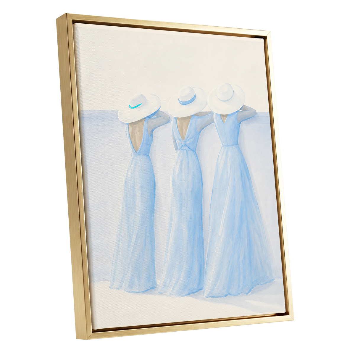 Three in Summer Blue, blue, white, beige minimalist wall art shown as a gold framed canvas wall art