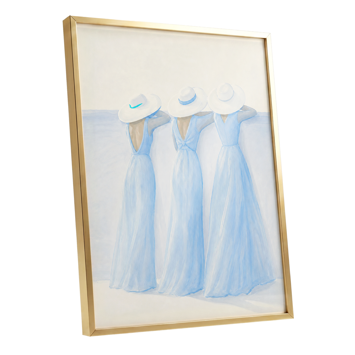 Three in Summer Blue, blue, white, beige minimalist wall art shown as a gold framed poster wall art print