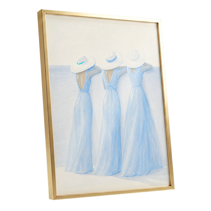 Three in Summer Blue, blue, white, beige minimalist wall art shown as a gold framed poster wall art print