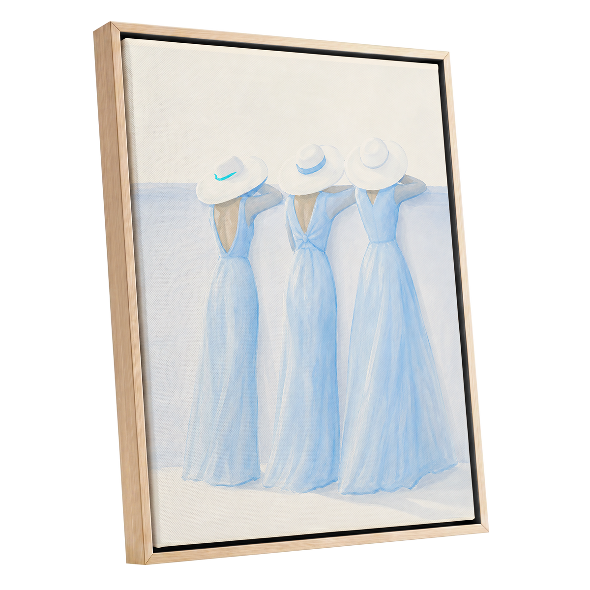 Three in Summer Blue, blue, white, beige minimalist wall art shown as a oak framed canvas wall art