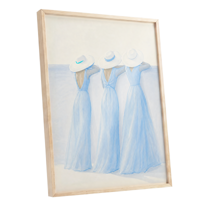 Three in Summer Blue, blue, white, beige minimalist wall art shown as a oak framed poster wall art print