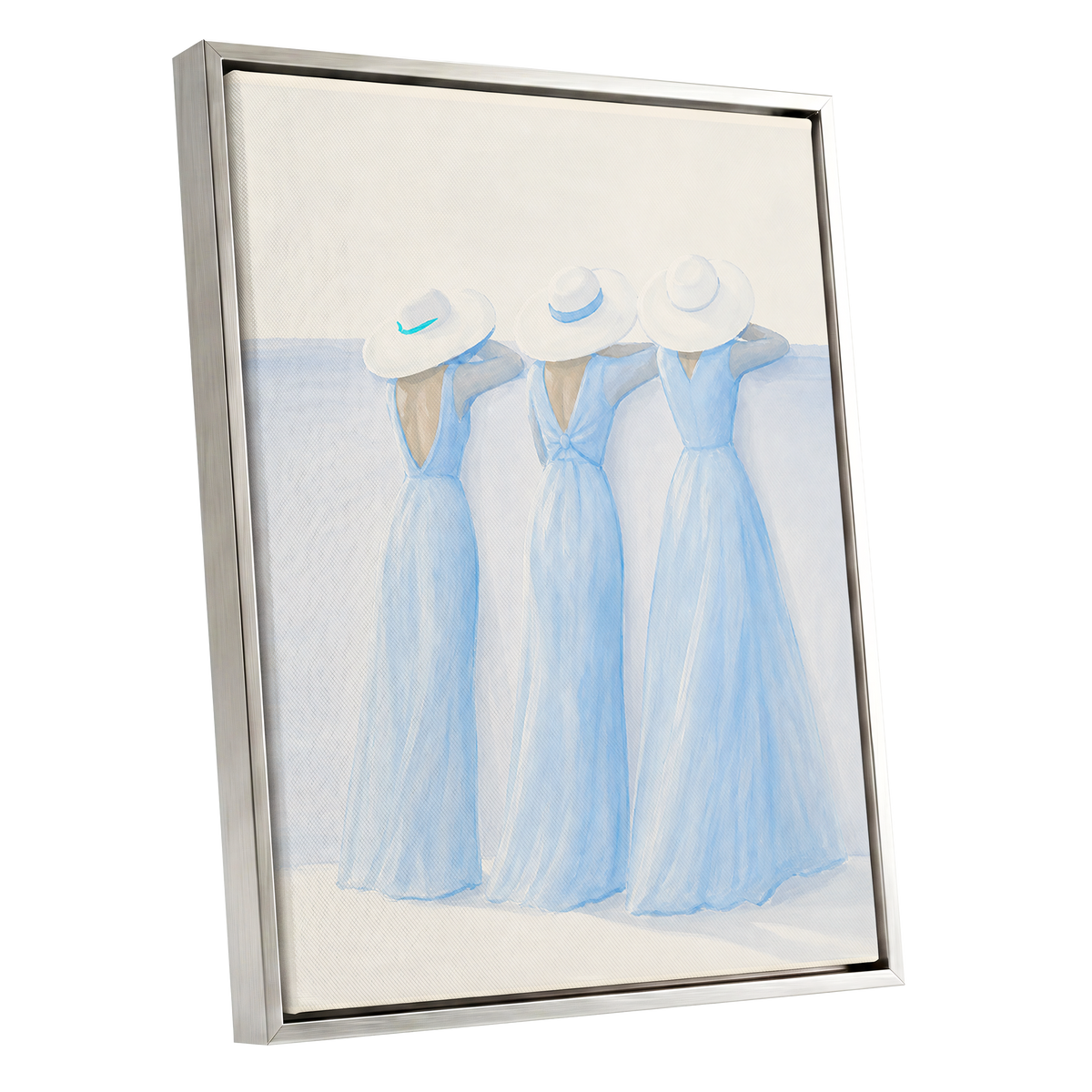 Three in Summer Blue, blue, white, beige minimalist wall art shown as a silver framed canvas wall art