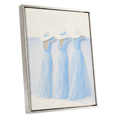 Three in Summer Blue, blue, white, beige minimalist wall art shown as a silver framed canvas wall art