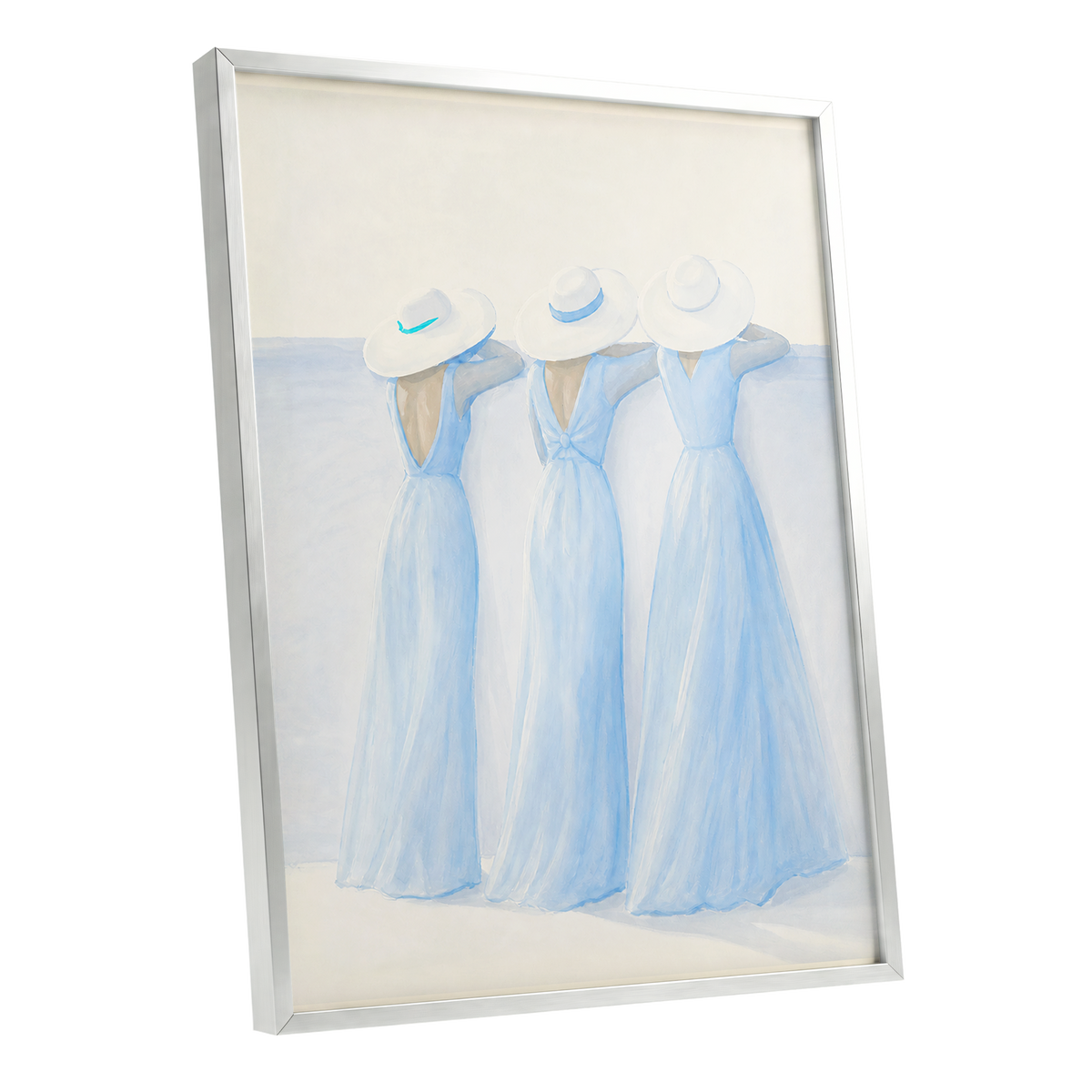 Three in Summer Blue, blue, white, beige minimalist wall art shown as a silver framed poster wall art print