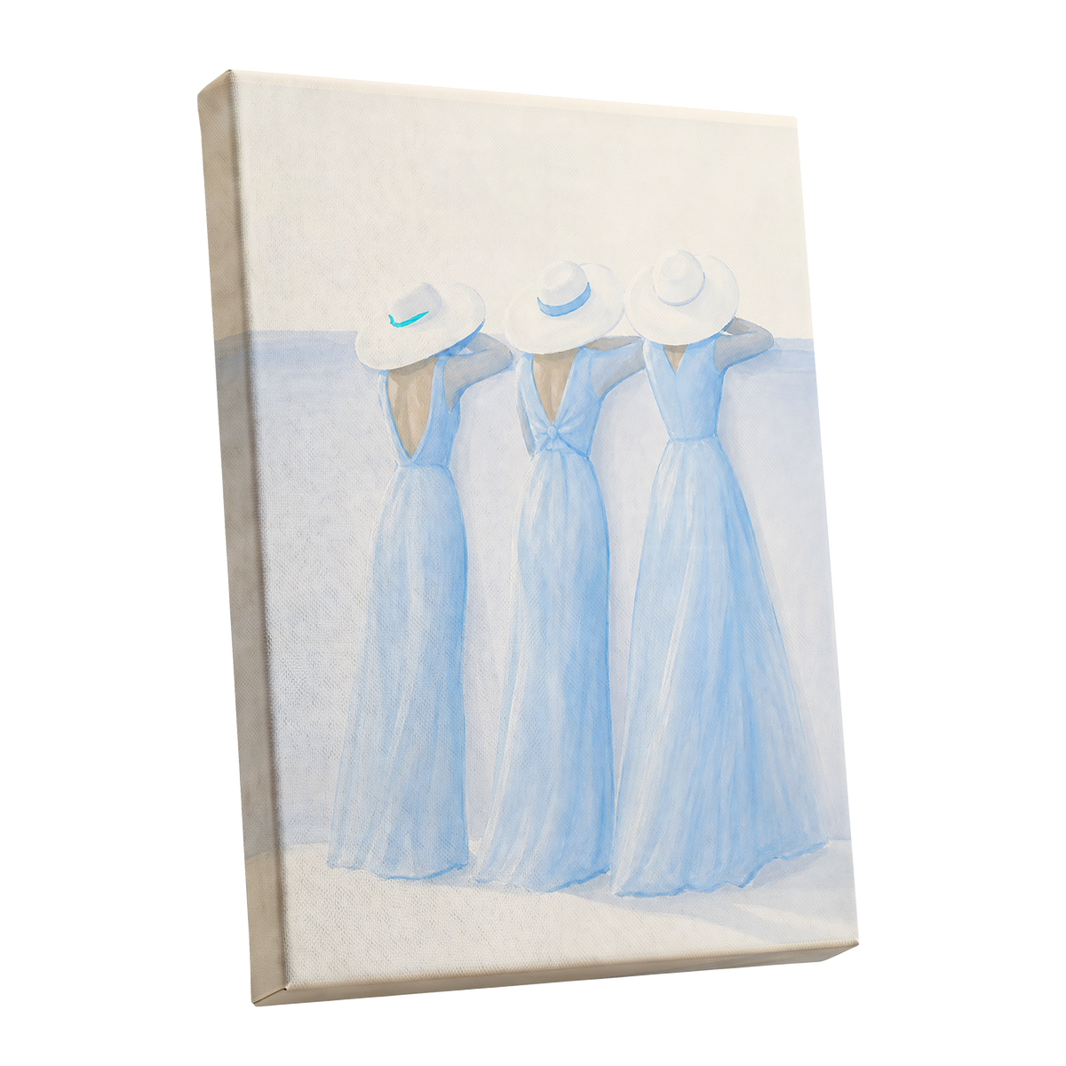 Three in Summer Blue, blue, white, beige minimalist wall art shown as a stretched canvas wall art