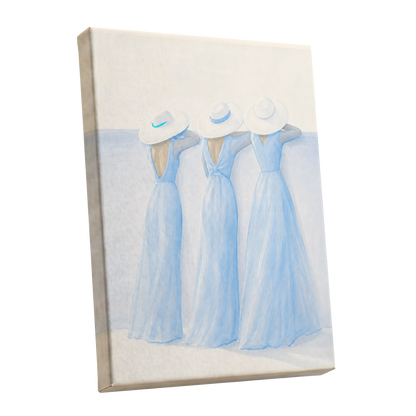 Three in Summer Blue, blue, white, beige minimalist wall art shown as a stretched canvas wall art