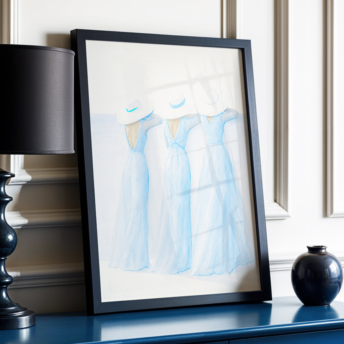 Three in Summer Blue, blue, white, beige minimalist wall art displayed in a styled interior, gallery view 2