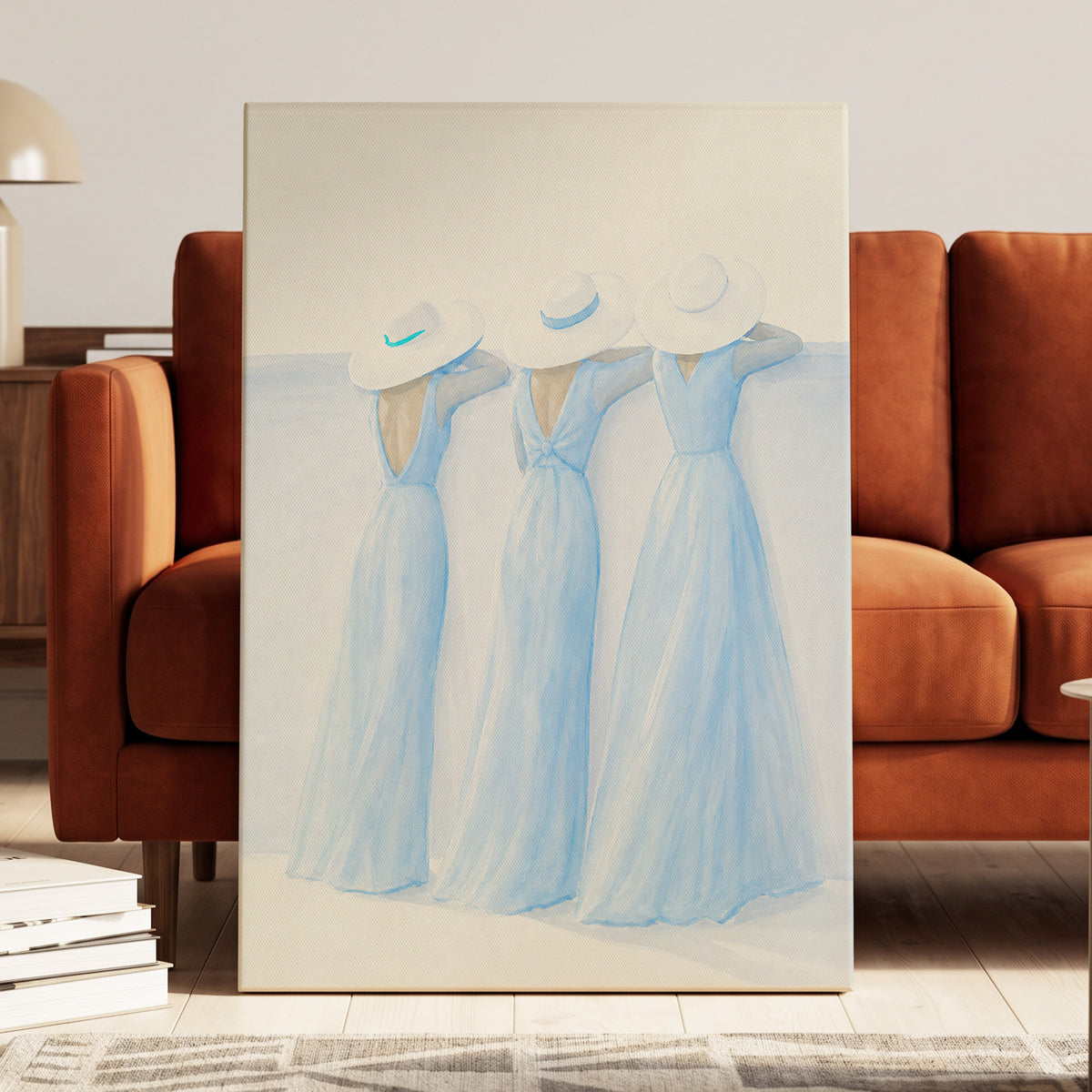 Three in Summer Blue, blue, white, beige minimalist wall art displayed in a styled interior, gallery view 3