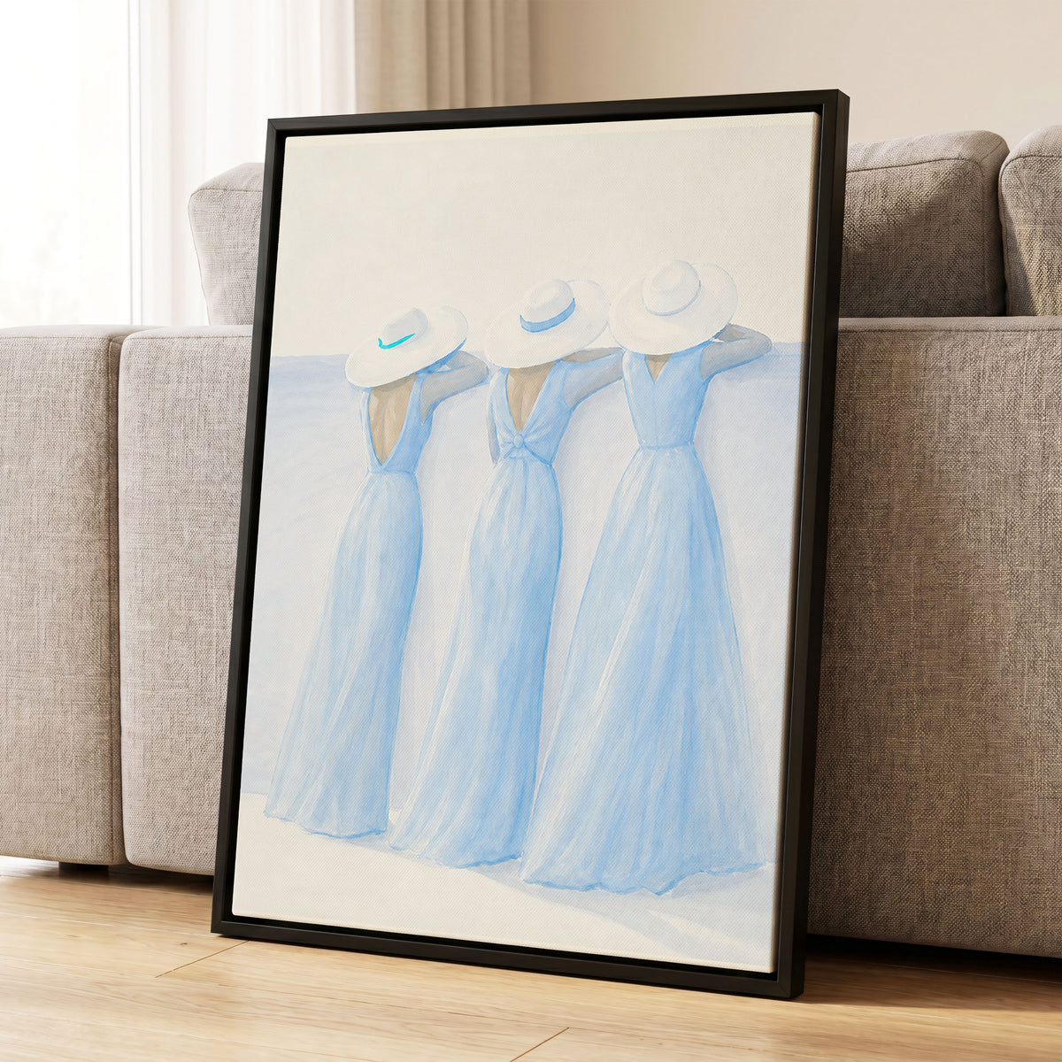 Three in Summer Blue, blue, white, beige minimalist wall art displayed in a styled interior, gallery view 4