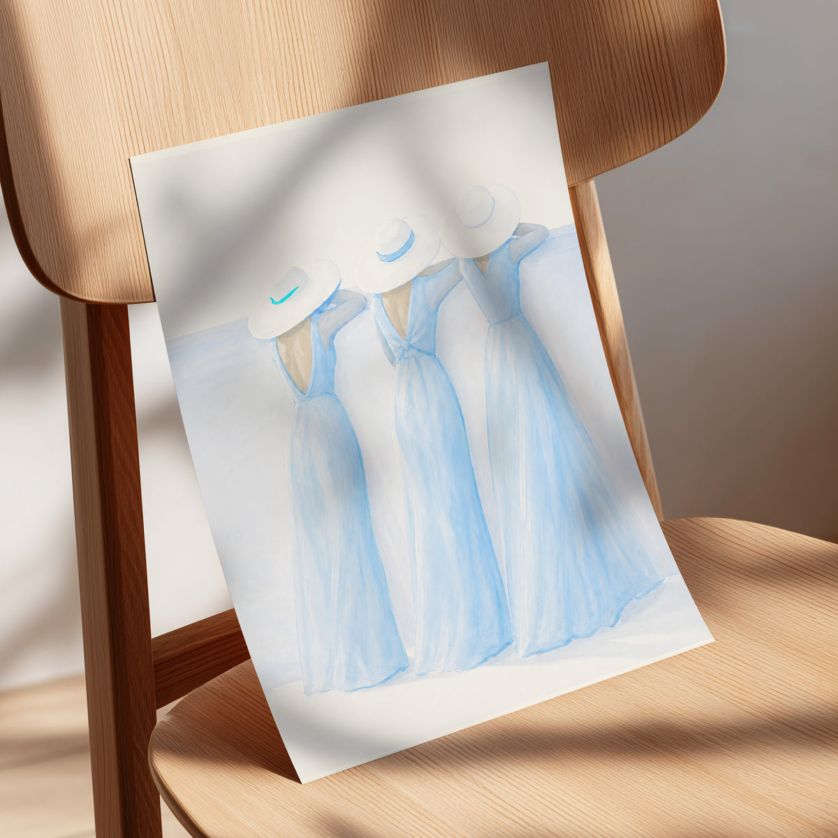 Three in Summer Blue, blue, white, beige minimalist wall art displayed in a styled interior, gallery view 5