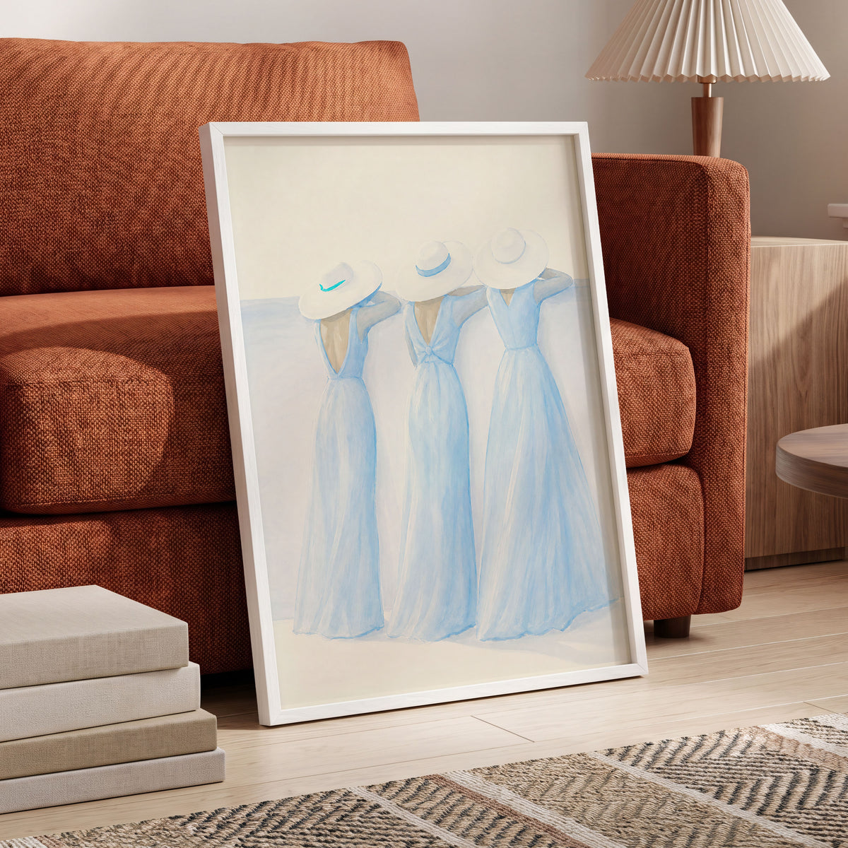 Three in Summer Blue, blue, white, beige minimalist wall art displayed in a styled interior, gallery view 6