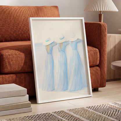 Three in Summer Blue, blue, white, beige minimalist wall art displayed in a styled interior, gallery view 6
