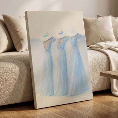 Three in Summer Blue, blue, white, beige minimalist wall art displayed in a styled interior, gallery view 7