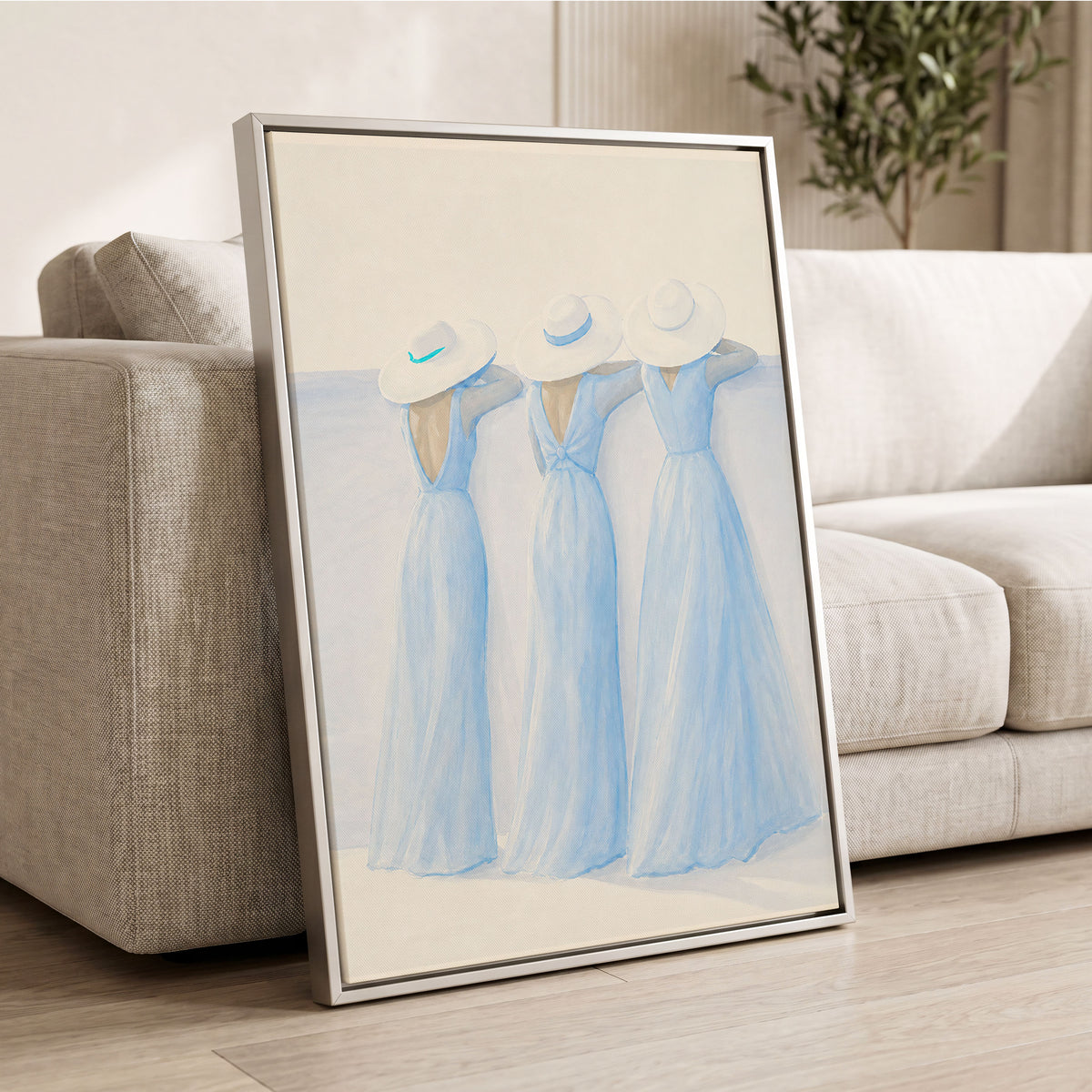 Three in Summer Blue, blue, white, beige minimalist wall art displayed in a styled interior, gallery view 8