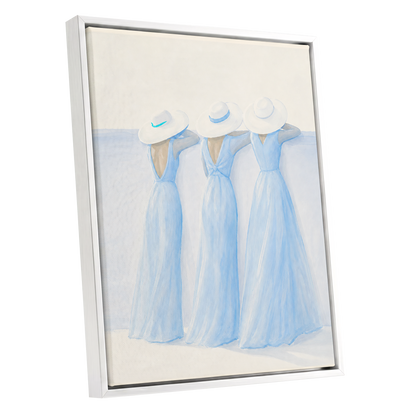 Three in Summer Blue, blue, white, beige minimalist wall art shown as a white framed canvas wall art