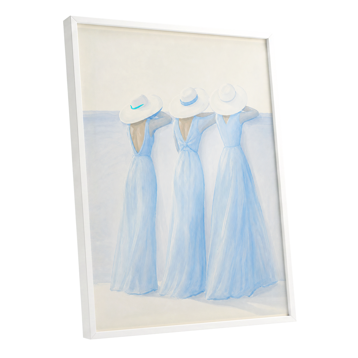 Three in Summer Blue, blue, white, beige minimalist wall art shown as a white framed poster wall art print