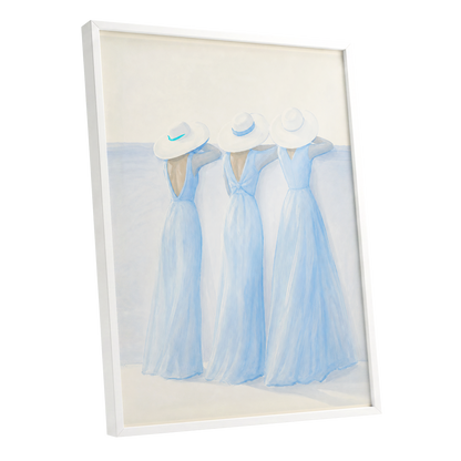 Three in Summer Blue, blue, white, beige minimalist wall art shown as a white framed poster wall art print