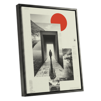 Threshold of Stillness, beige, black, gray minimalist wall art shown as a black framed canvas wall art