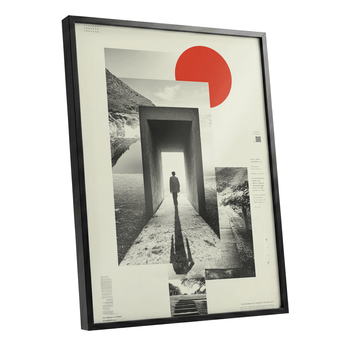 Threshold of Stillness, beige, black, gray minimalist wall art shown as a black framed poster wall art print