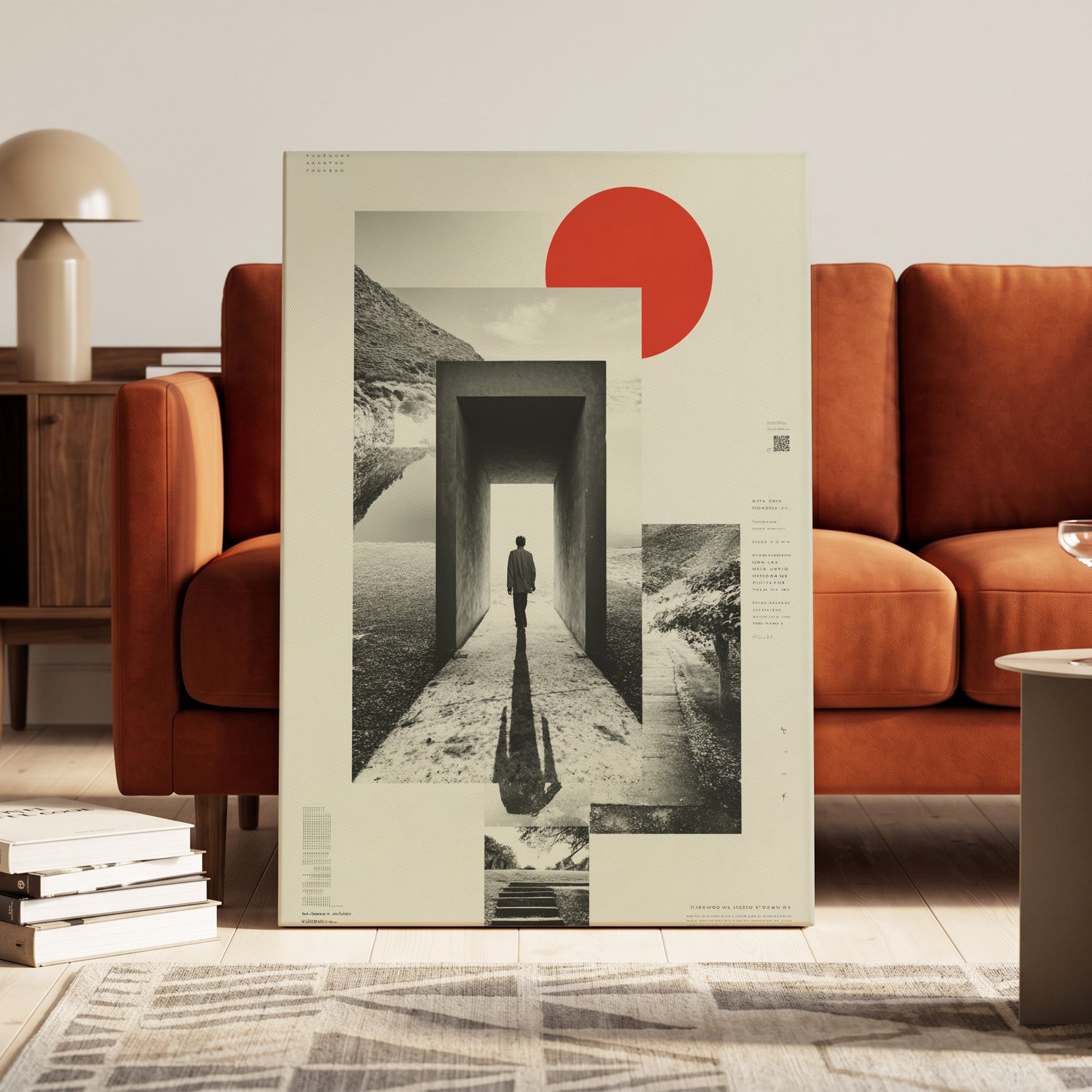 Threshold of Stillness, beige, black, gray minimalist wall art on canvas displayed in a styled interior, gallery view 1