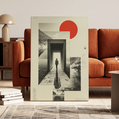 Threshold of Stillness, beige, black, gray minimalist wall art on canvas displayed in a styled interior, gallery view 1