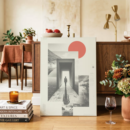 Threshold of Stillness, beige, black, gray minimalist wall art on canvas displayed in a styled interior, gallery view 2