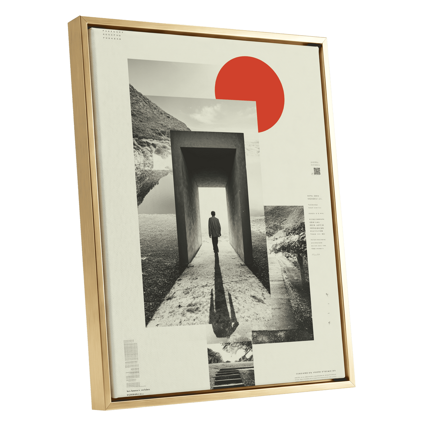 Threshold of Stillness, beige, black, gray minimalist wall art shown as a gold framed canvas wall art