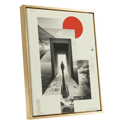 Threshold of Stillness, beige, black, gray minimalist wall art shown as a gold framed canvas wall art