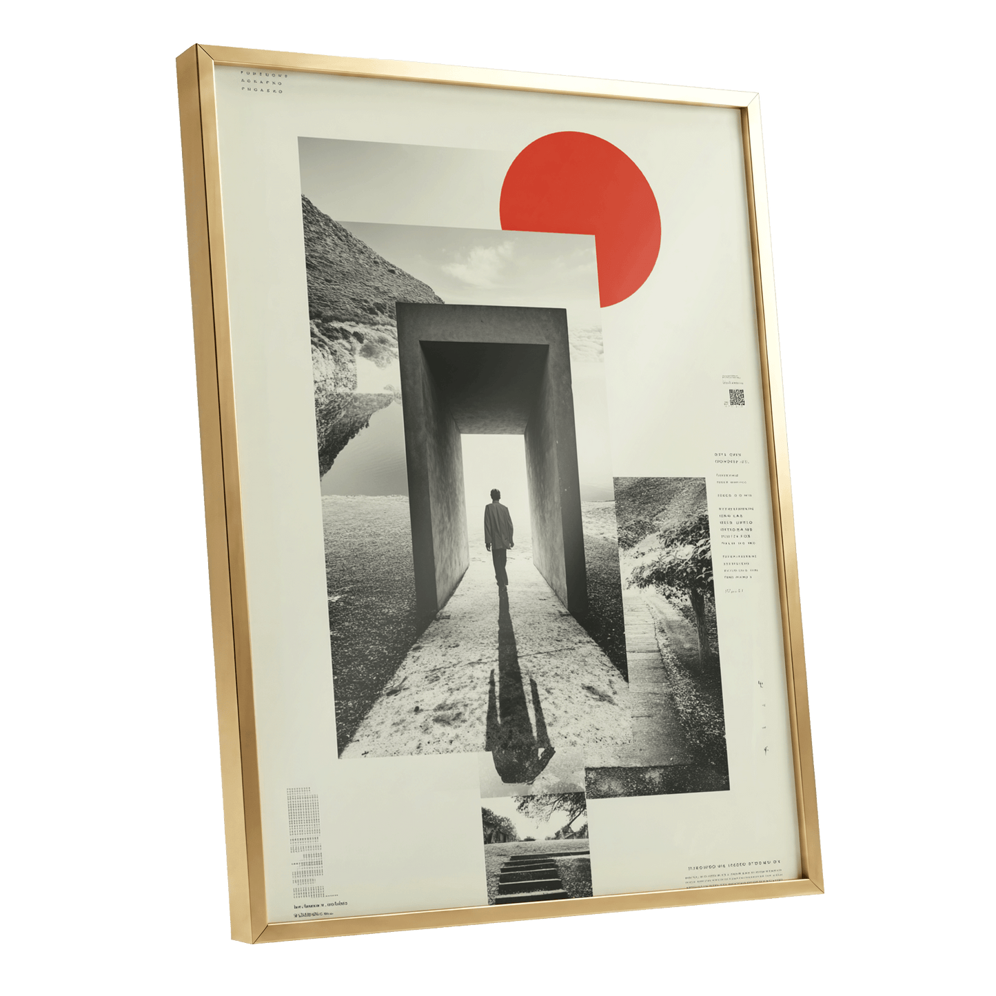 Threshold of Stillness, beige, black, gray minimalist wall art shown as a gold framed poster wall art print