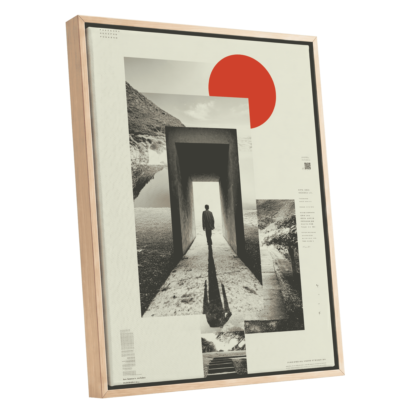 Threshold of Stillness, beige, black, gray minimalist wall art shown as a oak framed canvas wall art
