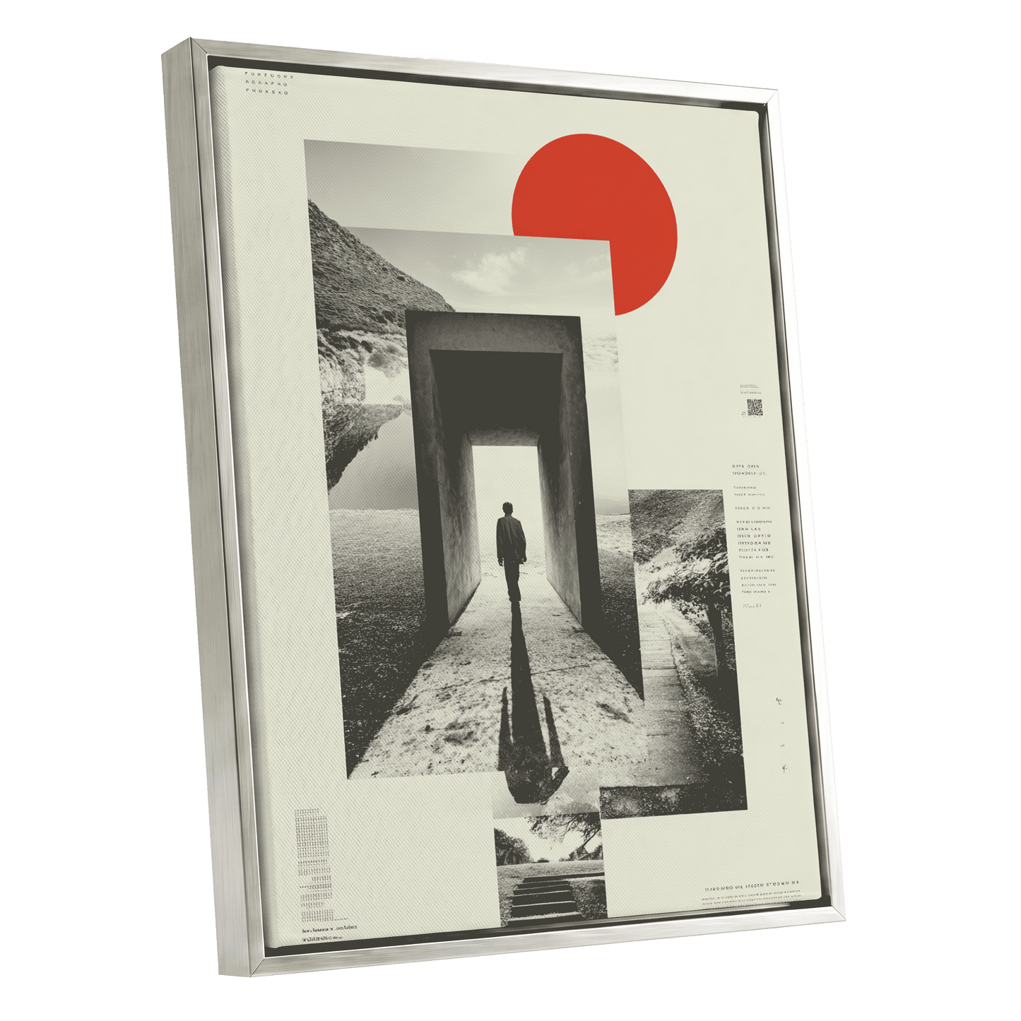 Threshold of Stillness, beige, black, gray minimalist wall art shown as a silver framed canvas wall art