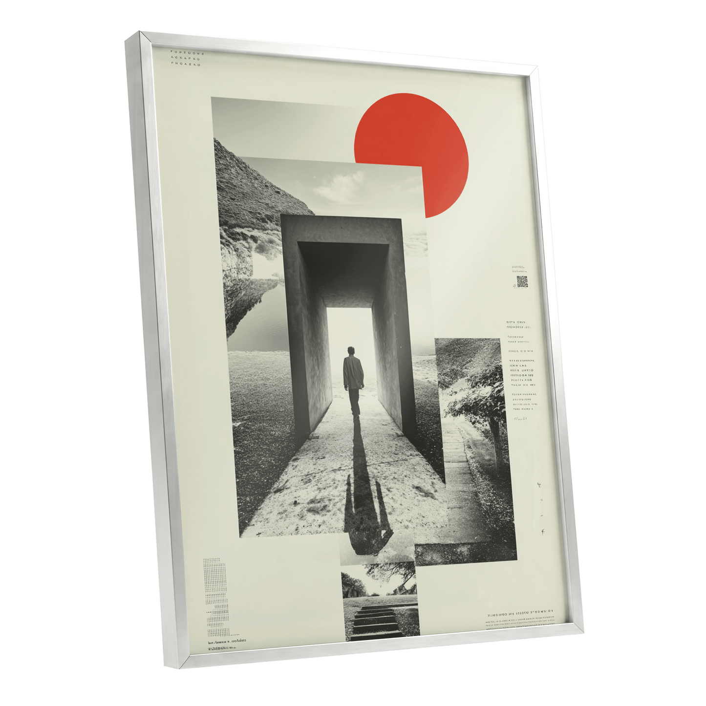Threshold of Stillness, beige, black, gray minimalist wall art shown as a silver framed poster wall art print