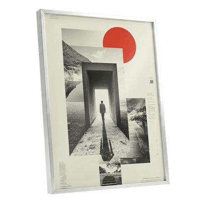 Threshold of Stillness, beige, black, gray minimalist wall art shown as a silver framed poster wall art print