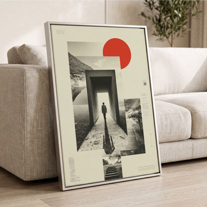 Threshold of Stillness, beige, black, gray minimalist wall art displayed in a styled interior, gallery view 2