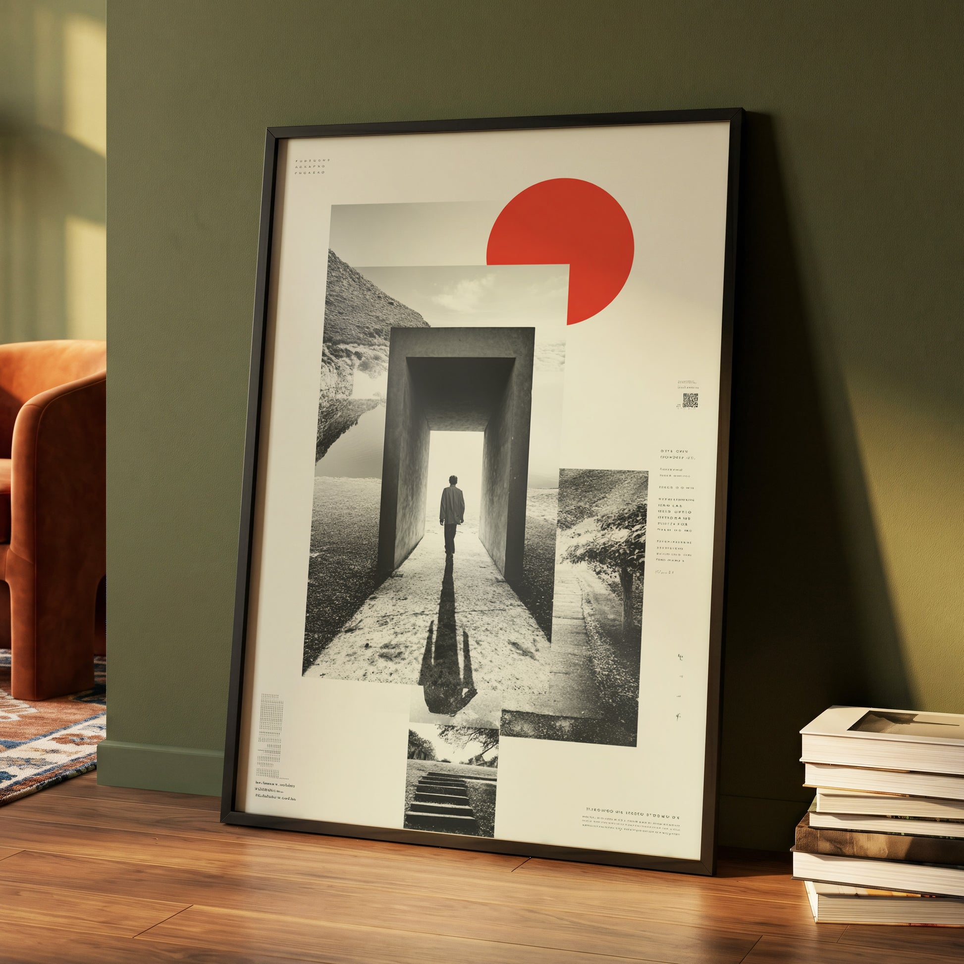 Threshold of Stillness, beige, black, gray minimalist wall art displayed in a styled interior, gallery view 4
