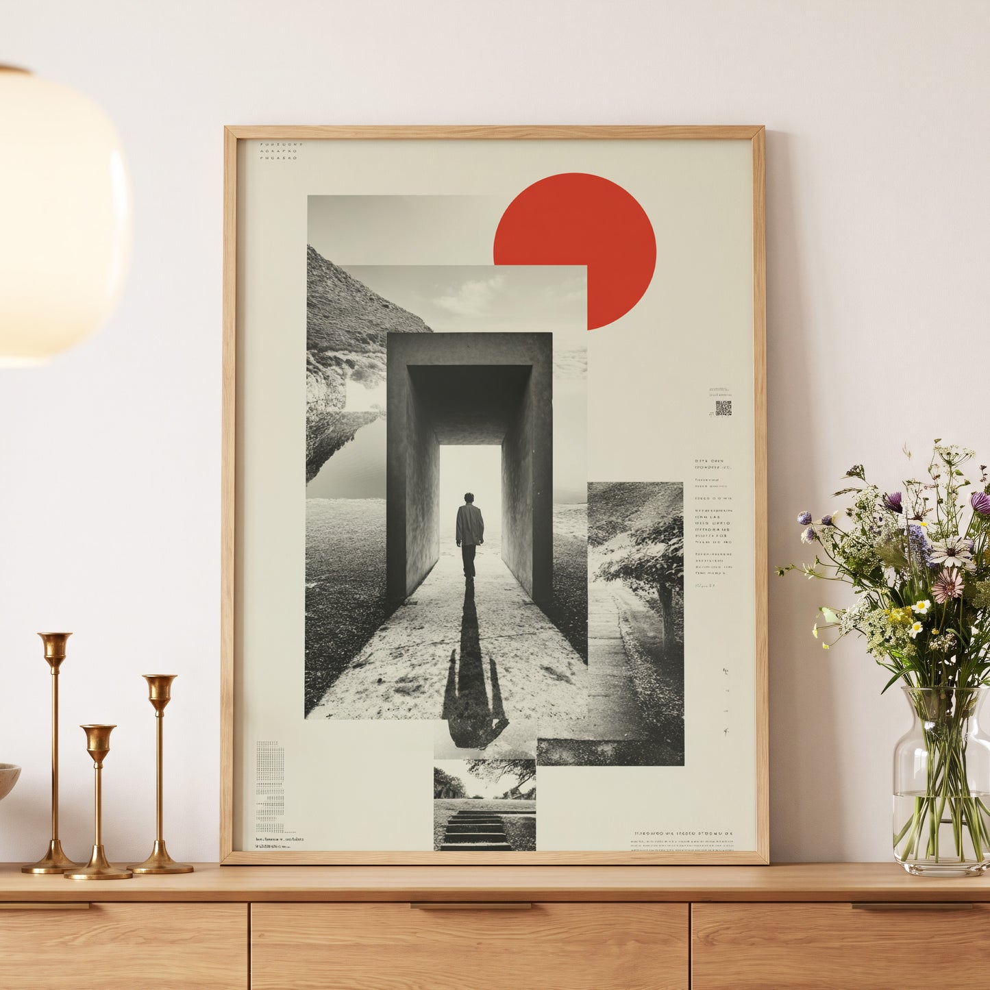 Threshold of Stillness, beige, black, gray minimalist wall art displayed in a styled interior, gallery view 5