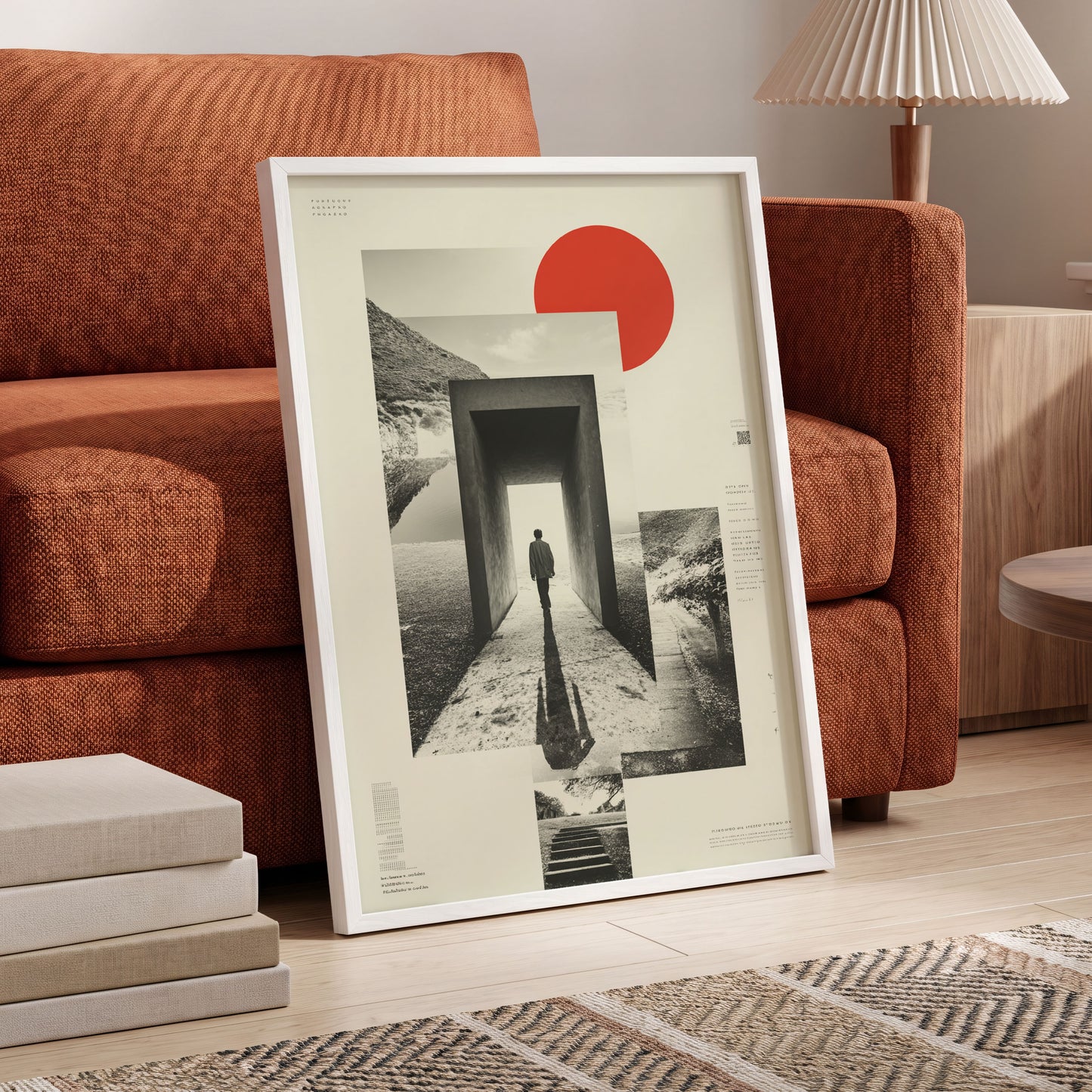 Threshold of Stillness, beige, black, gray minimalist wall art displayed in a styled interior, gallery view 6
