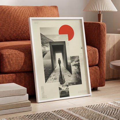 Threshold of Stillness, beige, black, gray minimalist wall art displayed in a styled interior, gallery view 6