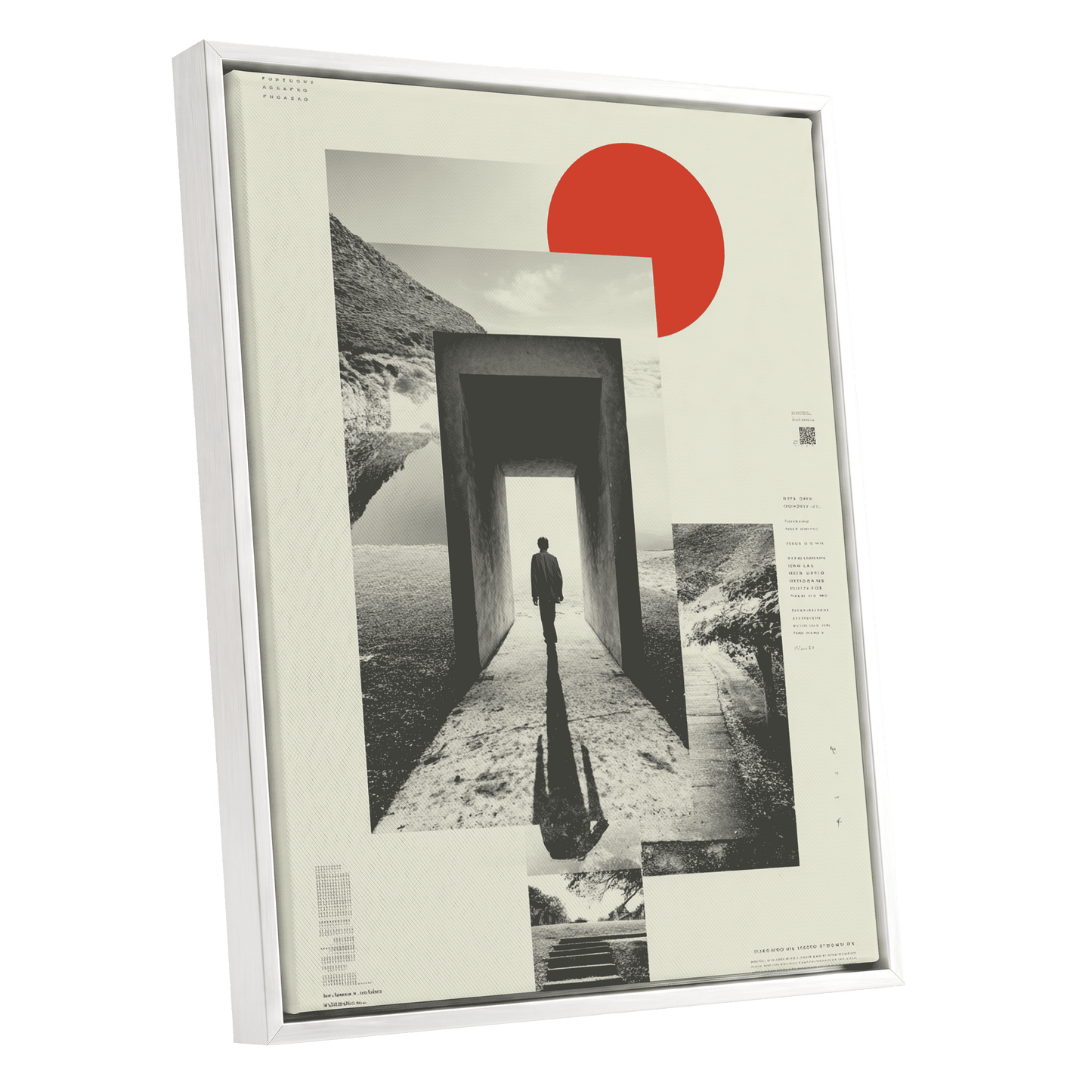 Threshold of Stillness, beige, black, gray minimalist wall art shown as a white framed canvas wall art