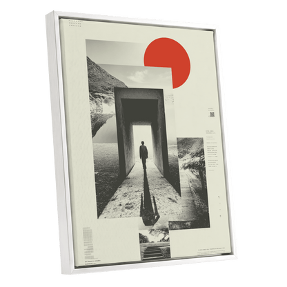 Threshold of Stillness, beige, black, gray minimalist wall art shown as a white framed canvas wall art