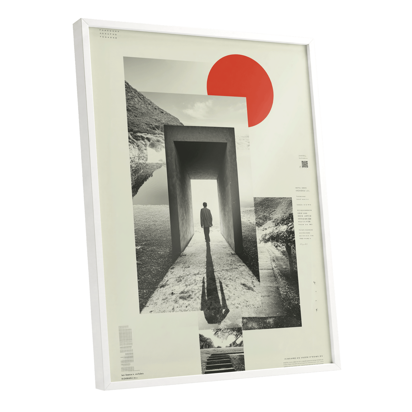 Threshold of Stillness, beige, black, gray minimalist wall art shown as a white framed poster wall art print