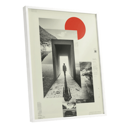 Threshold of Stillness, beige, black, gray minimalist wall art shown as a white framed poster wall art print