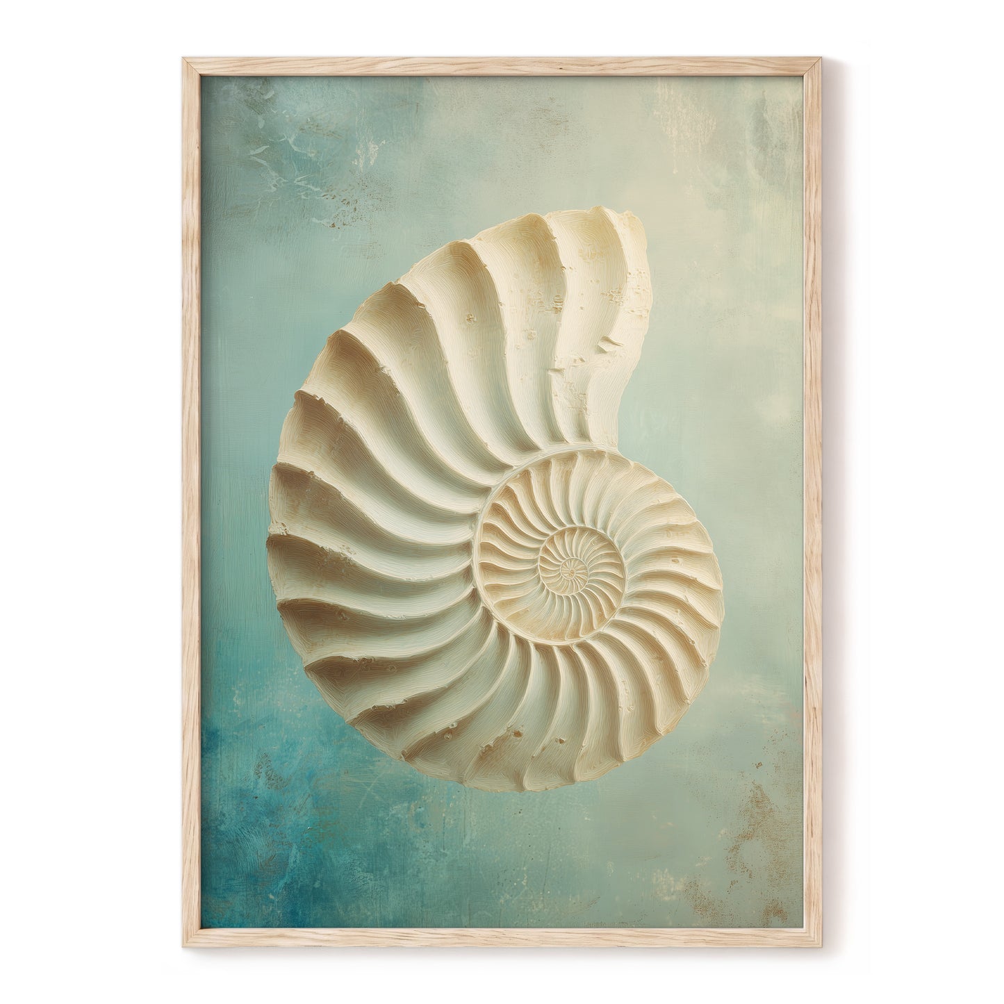 Tidal Ammonite – beige, white, green nature wall art, front view