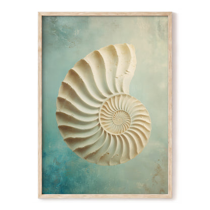 Tidal Ammonite – beige, white, green nature wall art, front view
