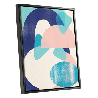 Tidal Archways, blue, pink, beige abstract wall art shown as a black framed canvas wall art