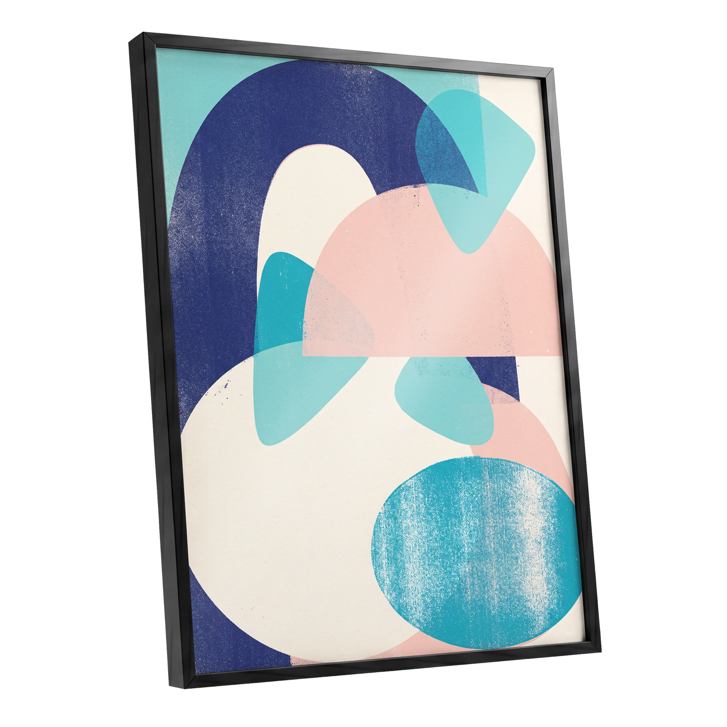 Tidal Archways, blue, pink, beige abstract wall art shown as a black framed poster wall art print