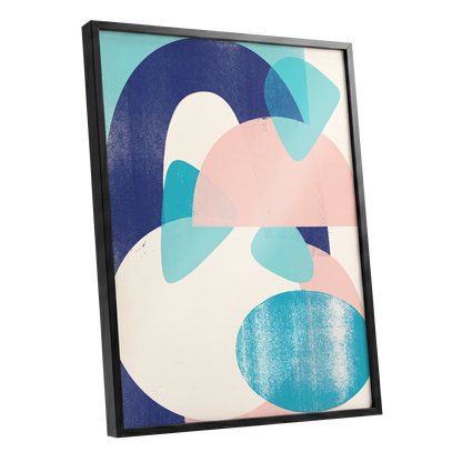 Tidal Archways, blue, pink, beige abstract wall art shown as a black framed poster wall art print