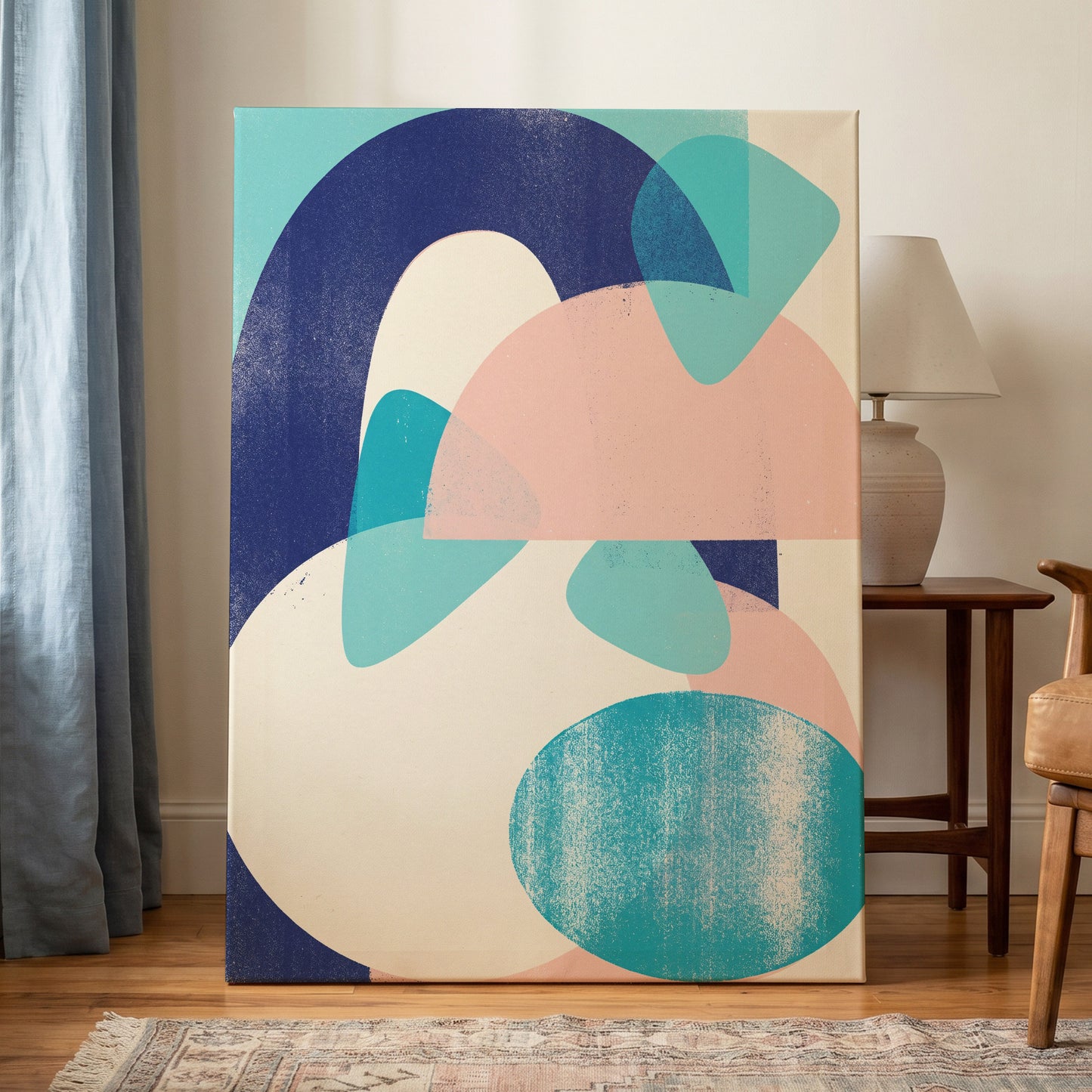 Tidal Archways, blue, pink, beige abstract wall art on canvas displayed in a styled interior, gallery view 1