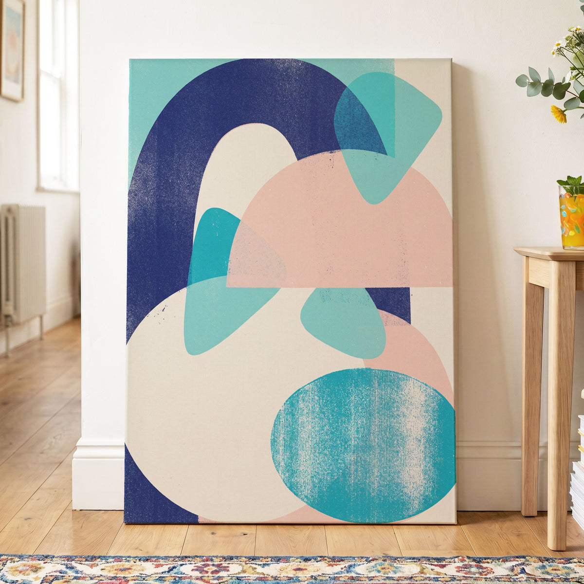 Tidal Archways, blue, pink, beige abstract wall art on canvas displayed in a styled interior, gallery view 2
